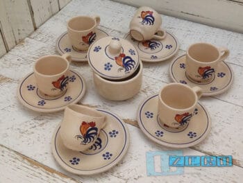 Tazzine da Caffè con zuccheriera e sotto piatti in Terracotta decoro Gallo Salentino