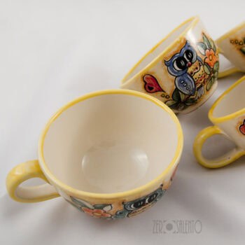 Set Tazzine da Caffè con zuccheriera e vassoio in terracotta Le Civette dipinte a mano - immagine 2