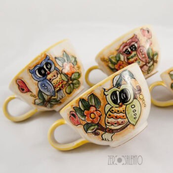 Set Tazzine da Caffè con zuccheriera e vassoio in terracotta Le Civette dipinte a mano - immagine 3