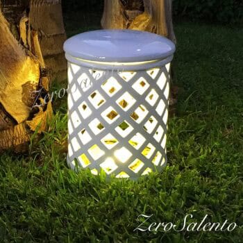 Lampada con coperchio da appoggio in Terracotta a ROMBI smaltata bianca TERIL31