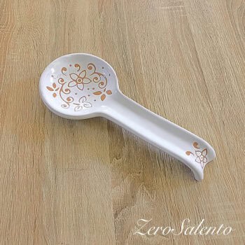 Posa Cucchiaio in Terracotta Ceramica bianca decoro con incisione centrale - immagine 2