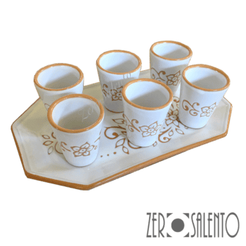 Set BICCHIERI LIMONCELLO o LIQUORE con vassoio in Terracotta Ceramica bianca decoro a incisione