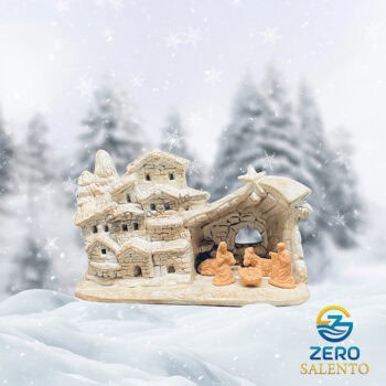 Presepe di Natale in Terracotta Capanna bianco anticato con Sacra Famiglia T.044