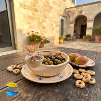 Scola Olive con piatto in Terracotta - Ceramica decoro Gallo Salentino - immagine 4