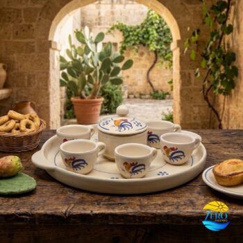 Tazza Caffè Zuccheriera e Vassoio in Terracotta - Ceramica decoro Gallo - immagine 2