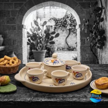 Tazza Caffè Zuccheriera e Vassoio in Terracotta - Ceramica decoro Gallo